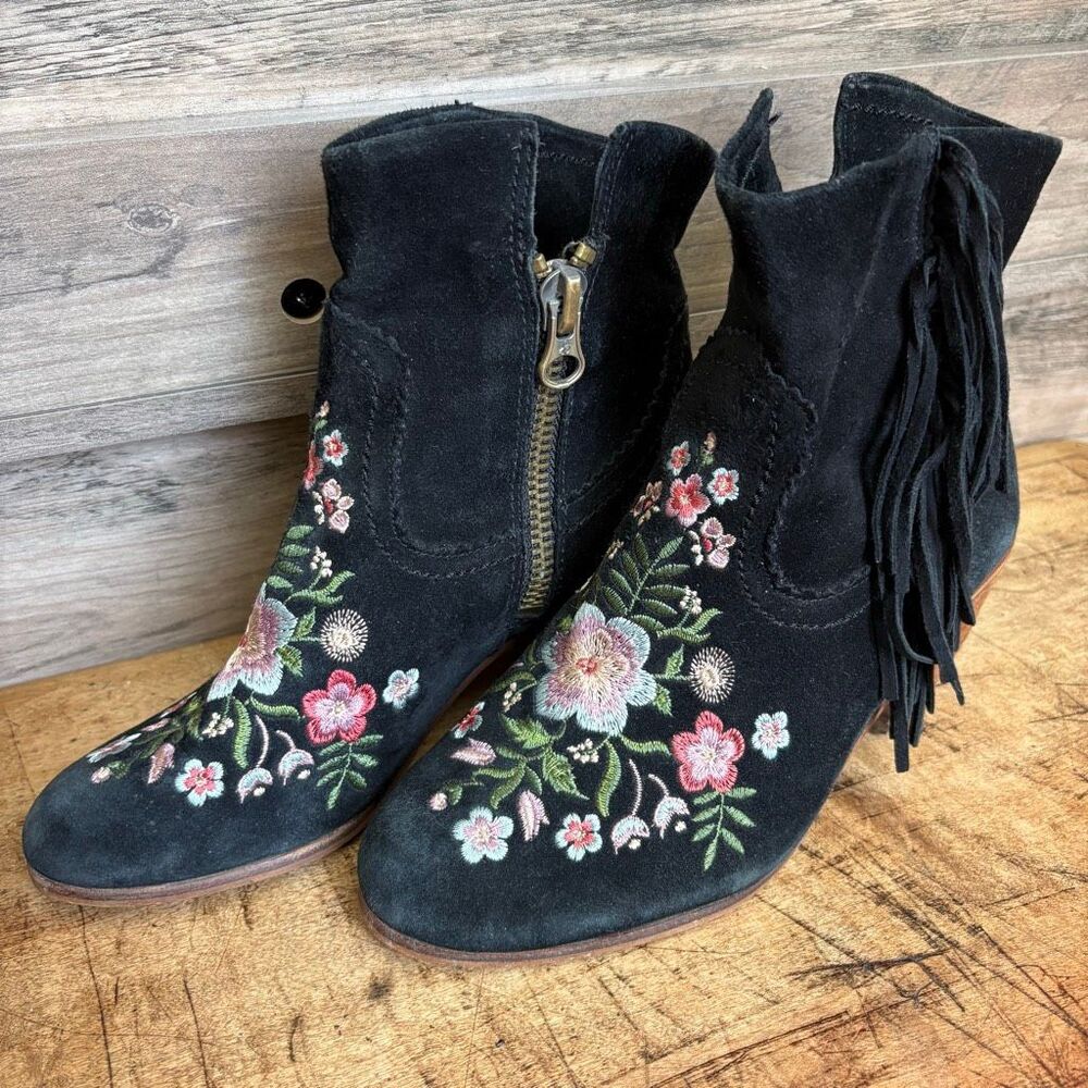 Sam Edelman 6.5 Floral Embroidered Black Suede Leather Fringe Ankle Boots Hippie